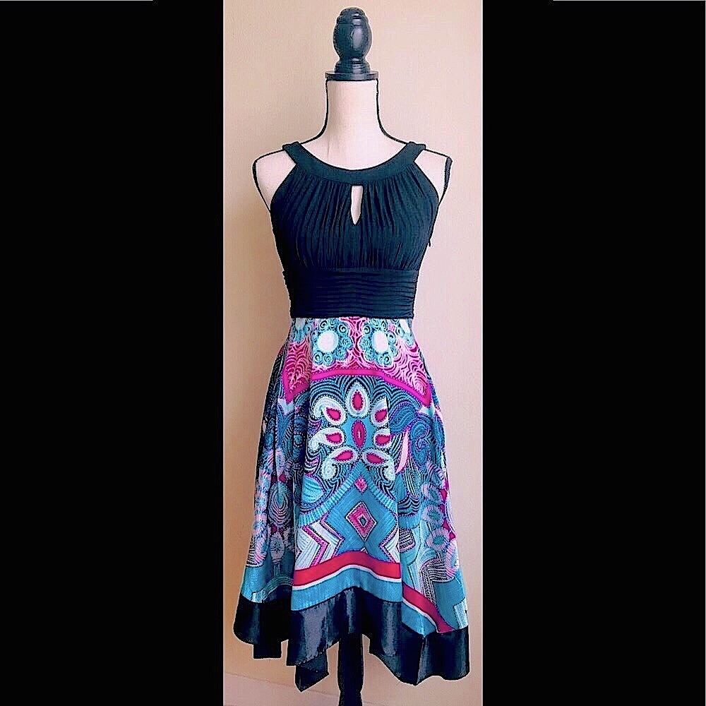 Fit & Flare Asymmetric Skirt Dress w/ Black Stretch Halter Top: Empire Waist, 4P